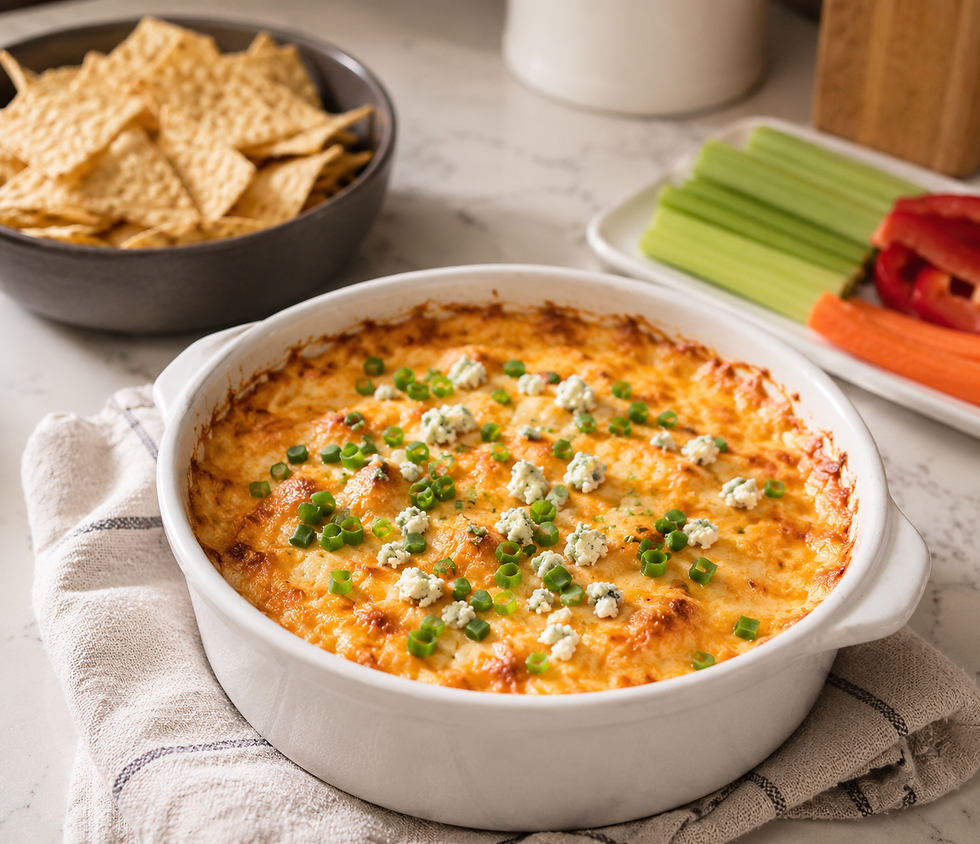 Hot Buffalo Chicken Dip baked until golden and bubbly, topped with green onions and blue cheese crumbles, served with tortilla chips, celery, and carrots.