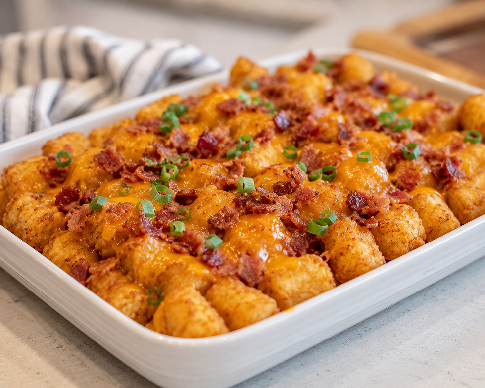 Cheesy tater tot casserole topped with bacon bits and green onions in a white baking dish on a kitchen counter
