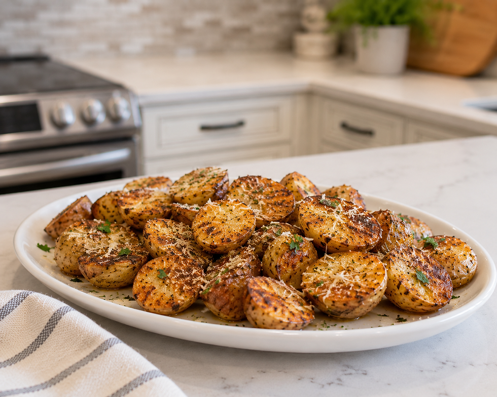 Plate of roasted potato halves topped with herbs and cheese on a white platter in a bright kitchen.