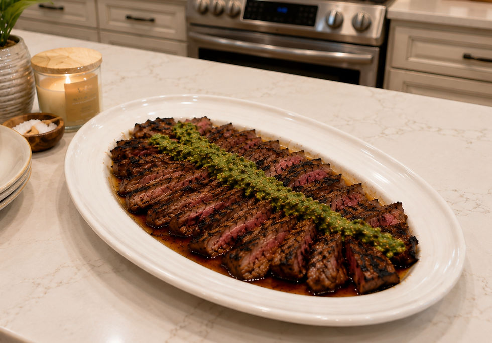 Sliced grilled steak on a white platter with green sauce, set on a marble kitchen counter near a lit candle and stove.