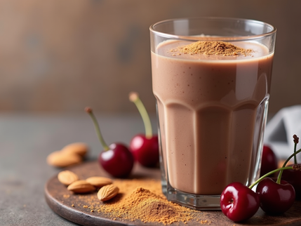 Creamy chocolate protein shake made with cherries, almond butter, and cacao powder