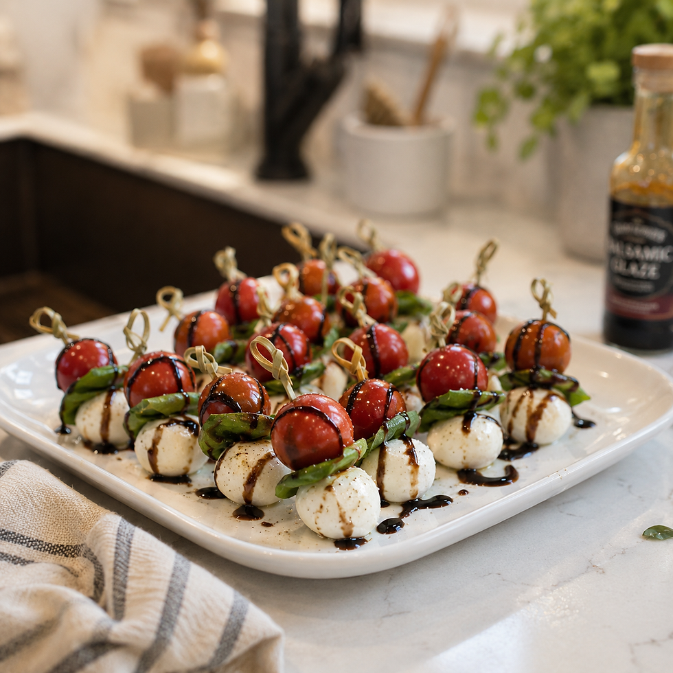Caprese skewers with cherry tomatoes, mozzarella and basil on a platter, drizzled with balsamic glaze in a bright kitchen.