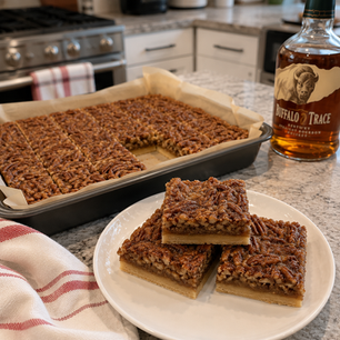 Bourbon Pecan Pie Bars in a pan