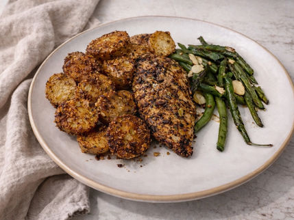 Crispy parmesan roasted potatoes with herb roasted  chicken