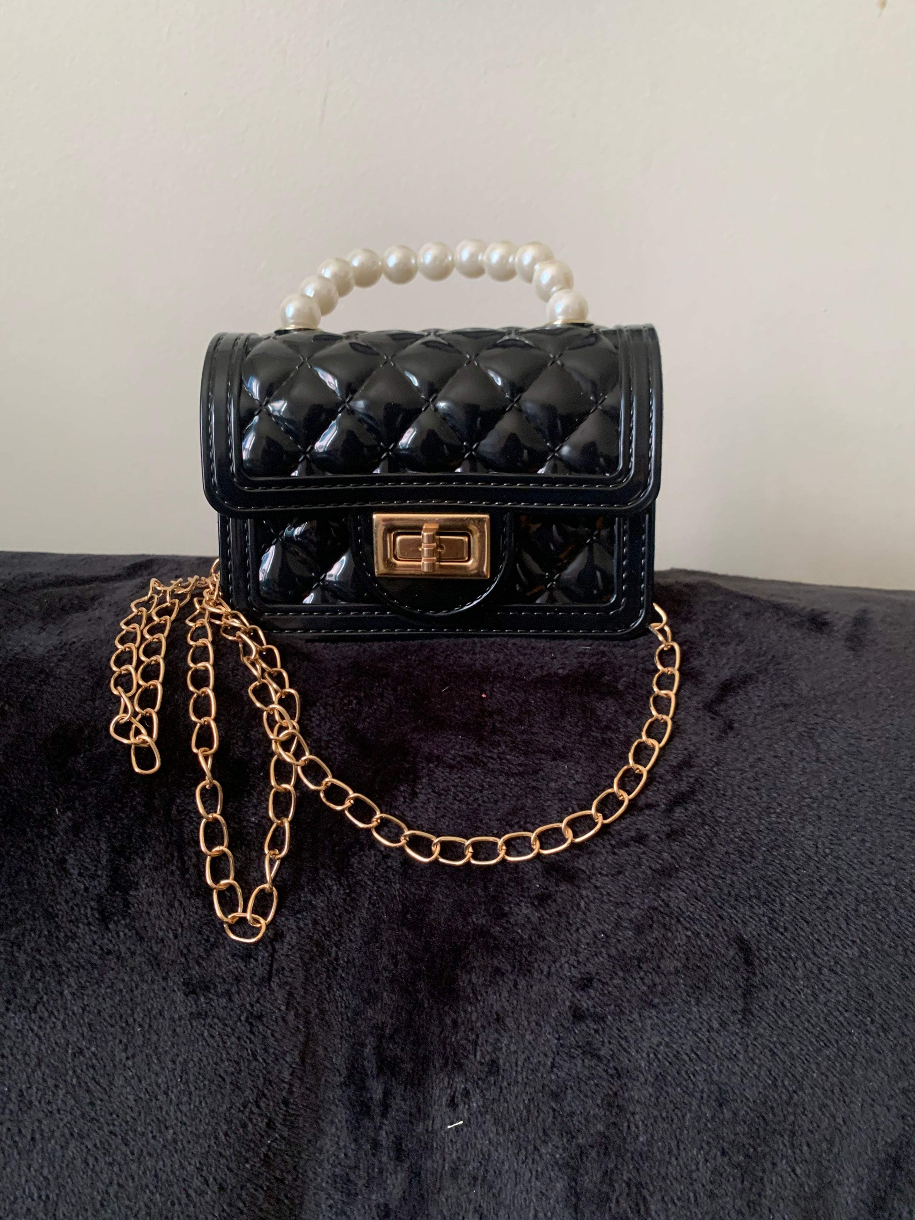 Black Bubble Patten Leather Mini purse with Pearl handle