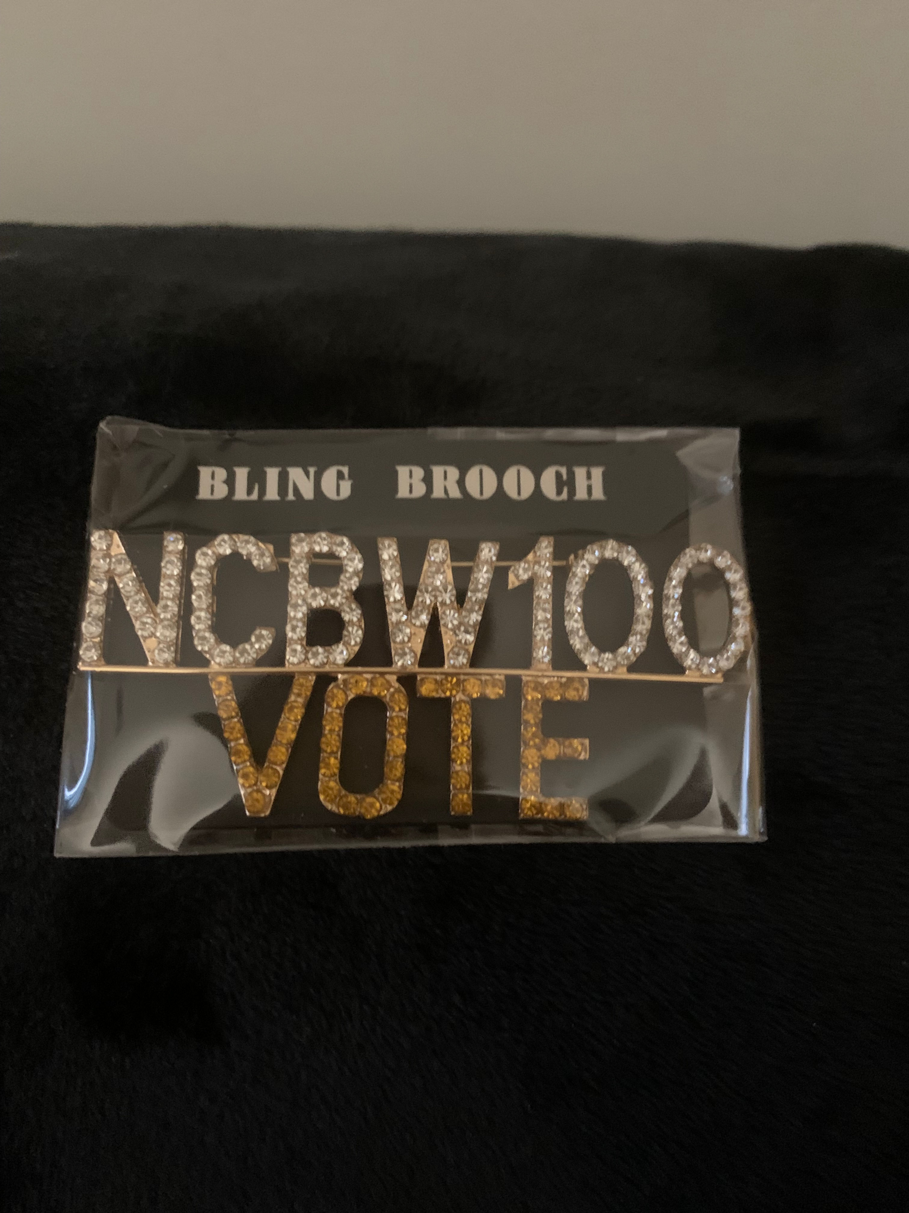 NCBW 100/Vote Crystal and Gold Rhinestone Brooch Pin
