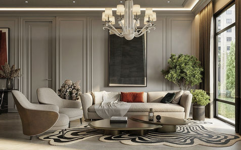 a living room with a couch and two coffee tables