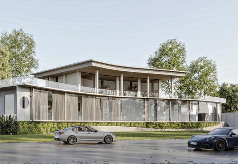 a silver car is parked in front of a large building