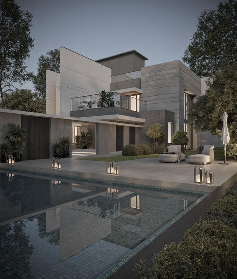 a modern house with a swimming pool in front of it