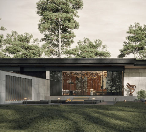 a house with a lot of windows and trees in the background