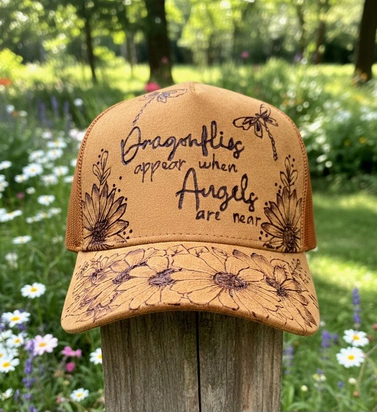 Dragonflies Appear Hand-Burned Trucker Hat