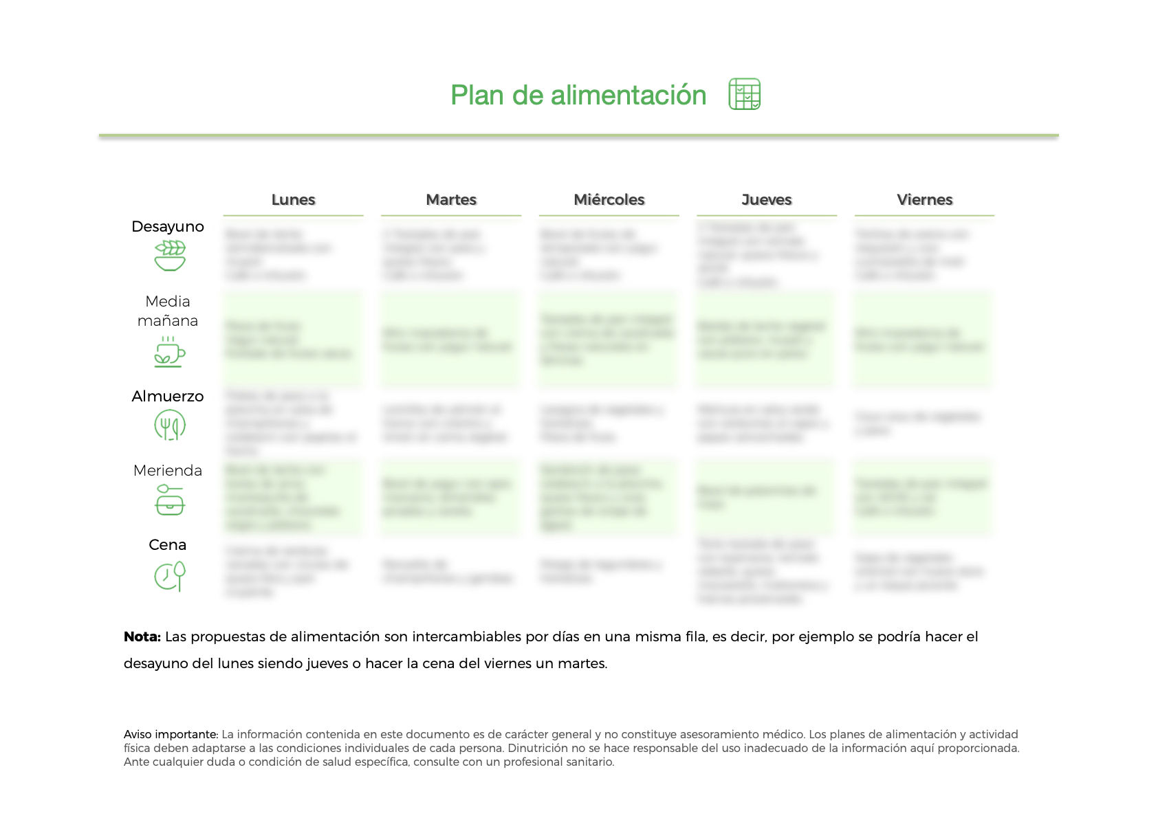Propuesta nutricional descargable no personalizada