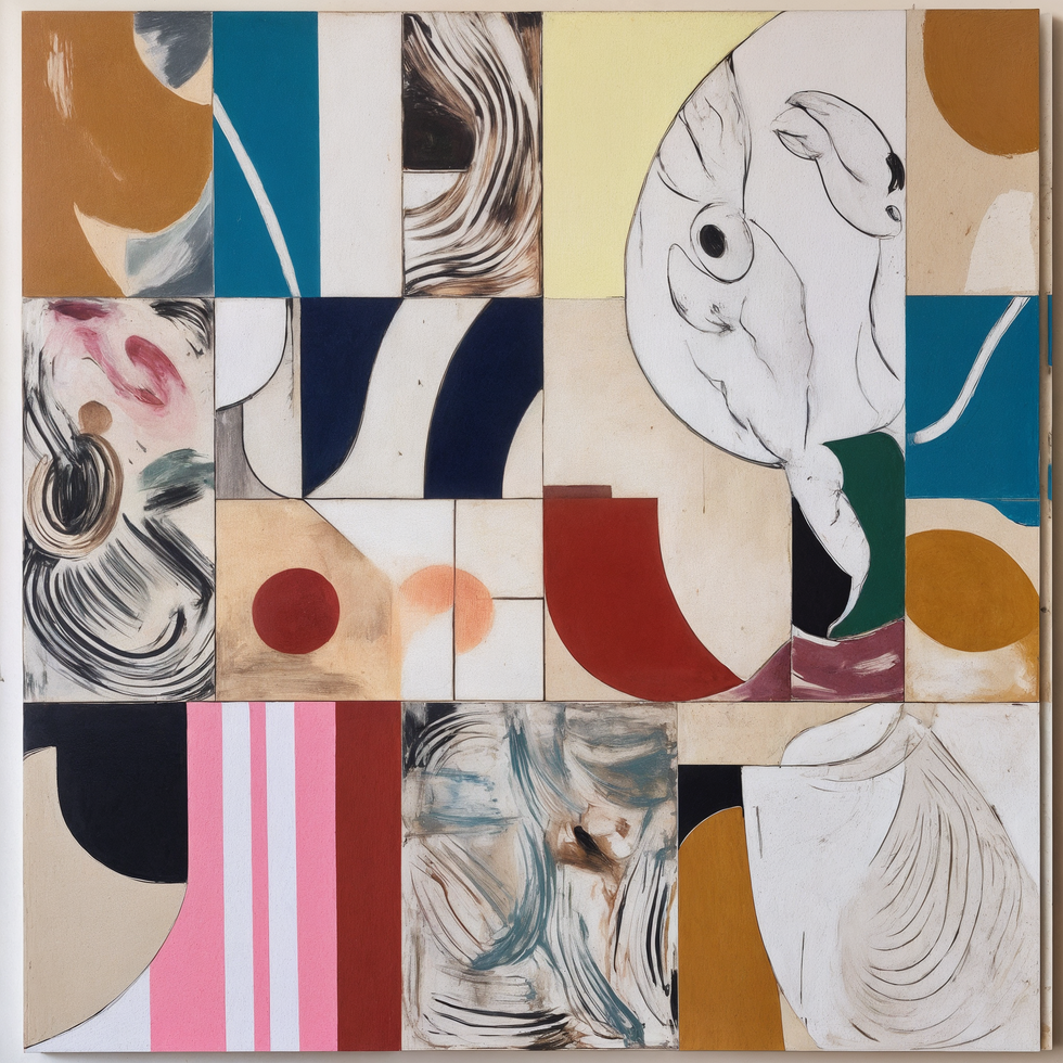 Abstract art piece; colorful shapes and forms. Various textures and colors. Geisted.