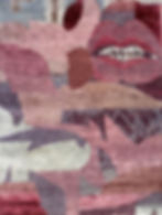 Abstract rug art featuring large open mouth painted in pink and red hues.