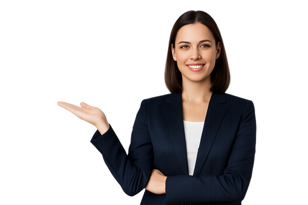 Femme en blazer avec geste élégant.png