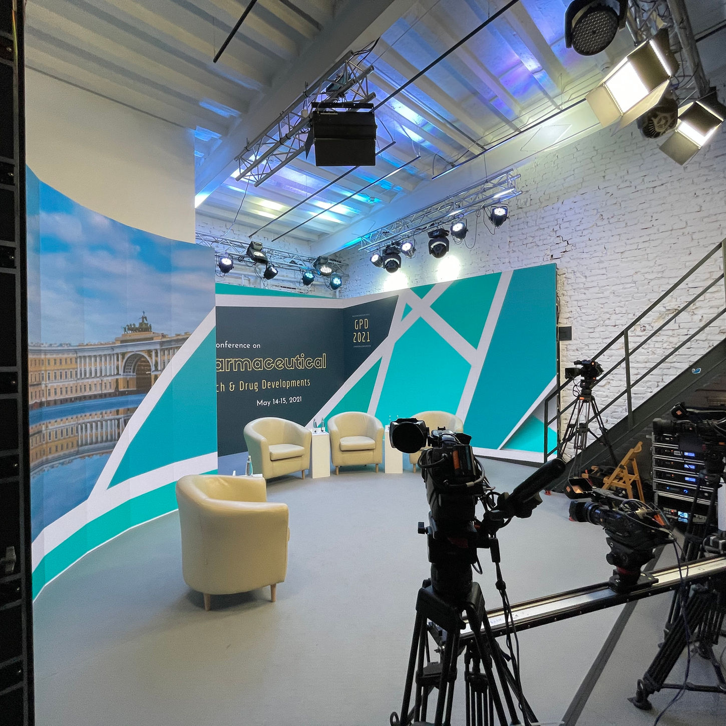 set design for a broadcast studio based on hight-resolution screen and custom design furniture