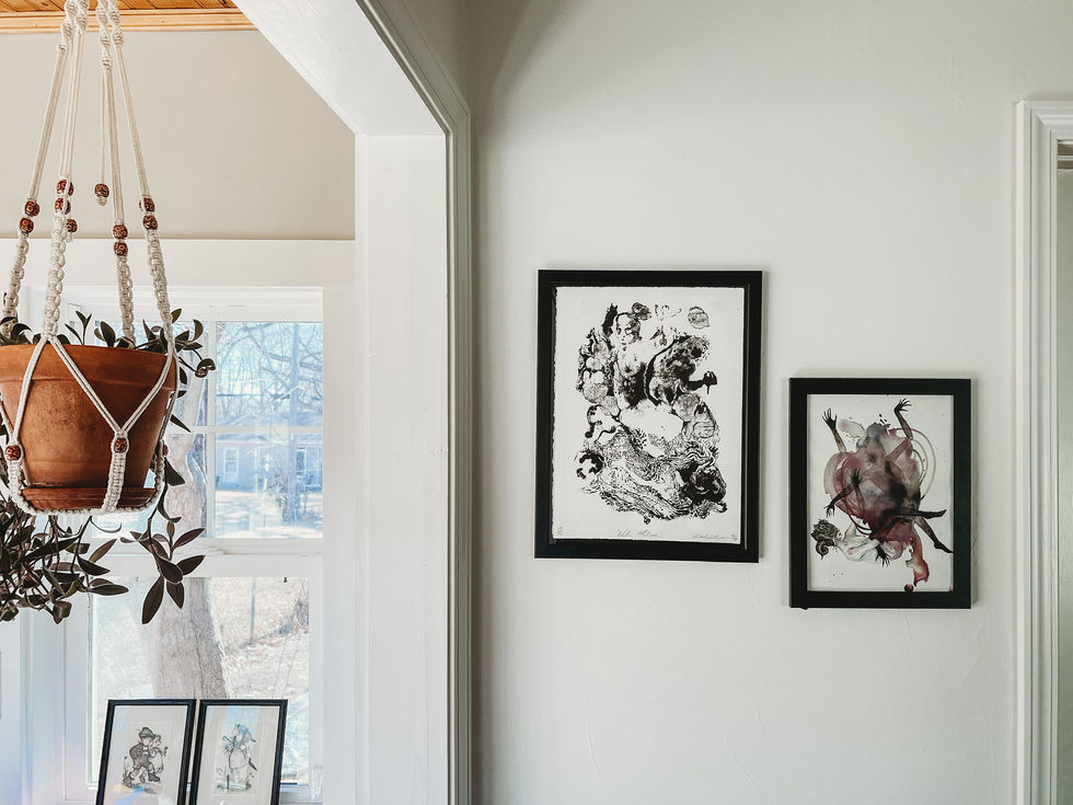 macrame planter, black frames