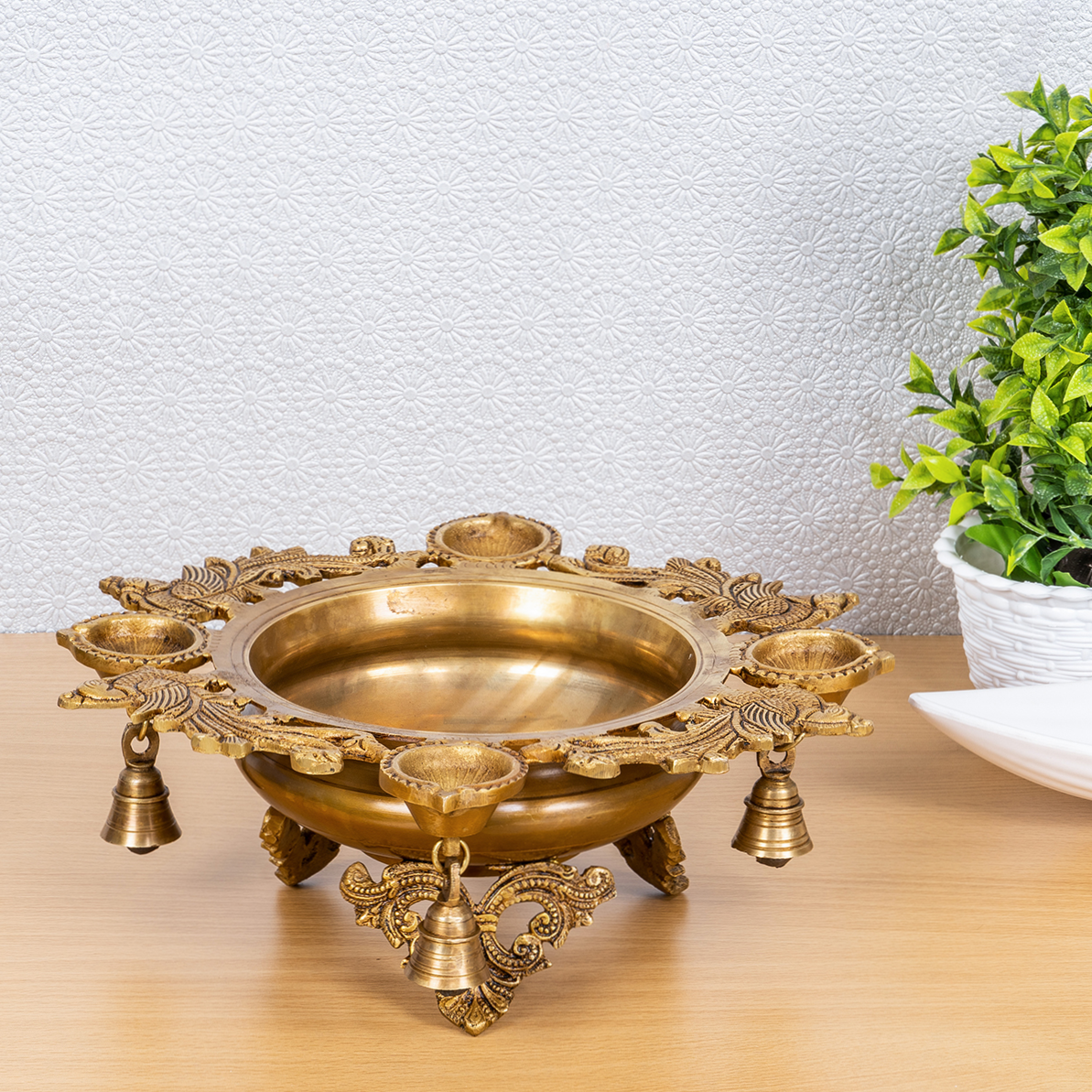 Brass Traditional Uruli with Diya and Bells