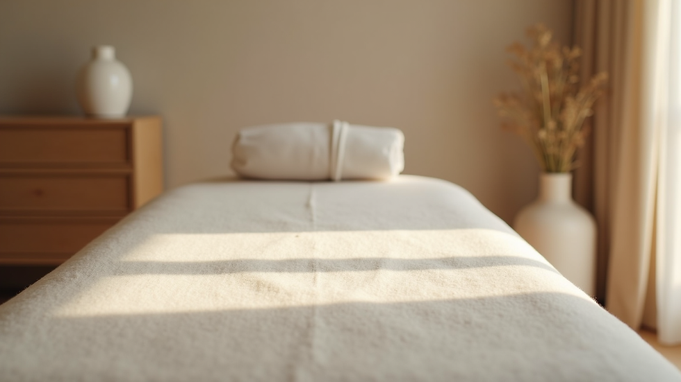 Eye-level view of a massage table with soft linens in a calming therapy room