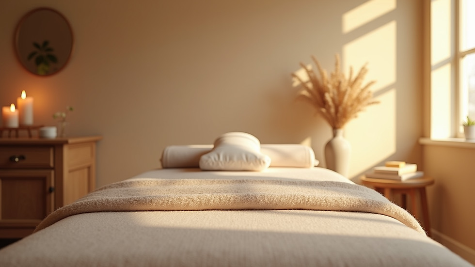 Eye-level view of a peaceful massage therapy room with soft lighting and calming decor