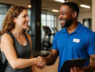 A smiling fitness trainer in a blue polo shirt warmly shakes hands with a new female gym member wearing a gray tank top and carrying a gym bag, inside a bright, modern gym with exercise equipment in the background.