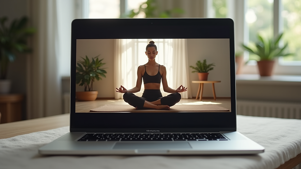 Close-up view of a laptop screen displaying a virtual meditation class