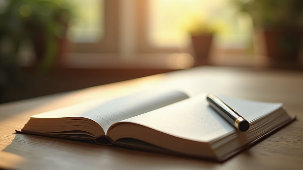 Close-up view of a journal and pen on a wooden table with soft morning light