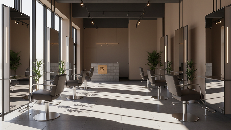 Eye-level view of a stylish hair salon with sleek chairs and mirrors