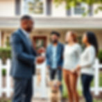 Man in suit handing keys to smiling group outside house with white fence. Labrador dog sits nearby. Sunny, cheerful suburban scene.
