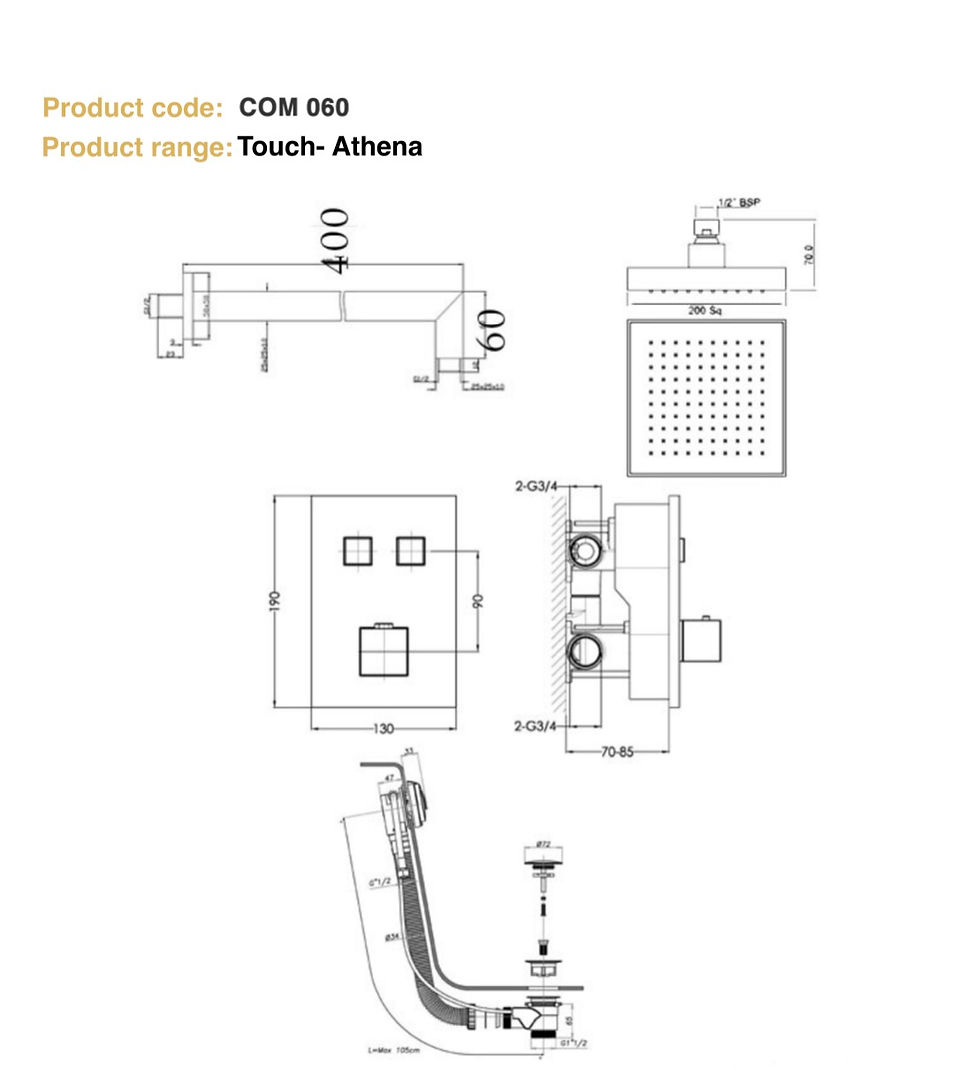 Thumbnail: Athena 2 Outlet Touch Thermostat with Overhead Shower & Bath Filler