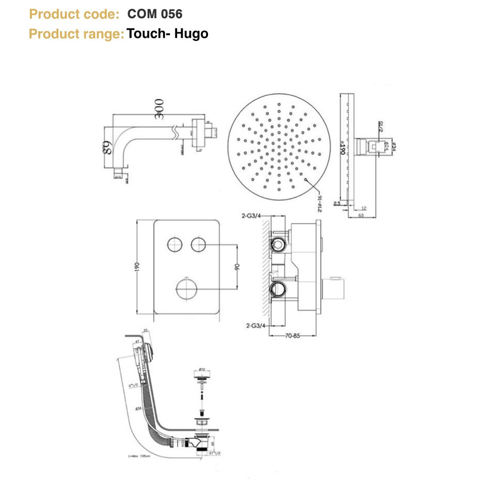 Thumbnail: Hugo 2 Outlet Touch Thermostat with Overhead Shower and Bath Filler