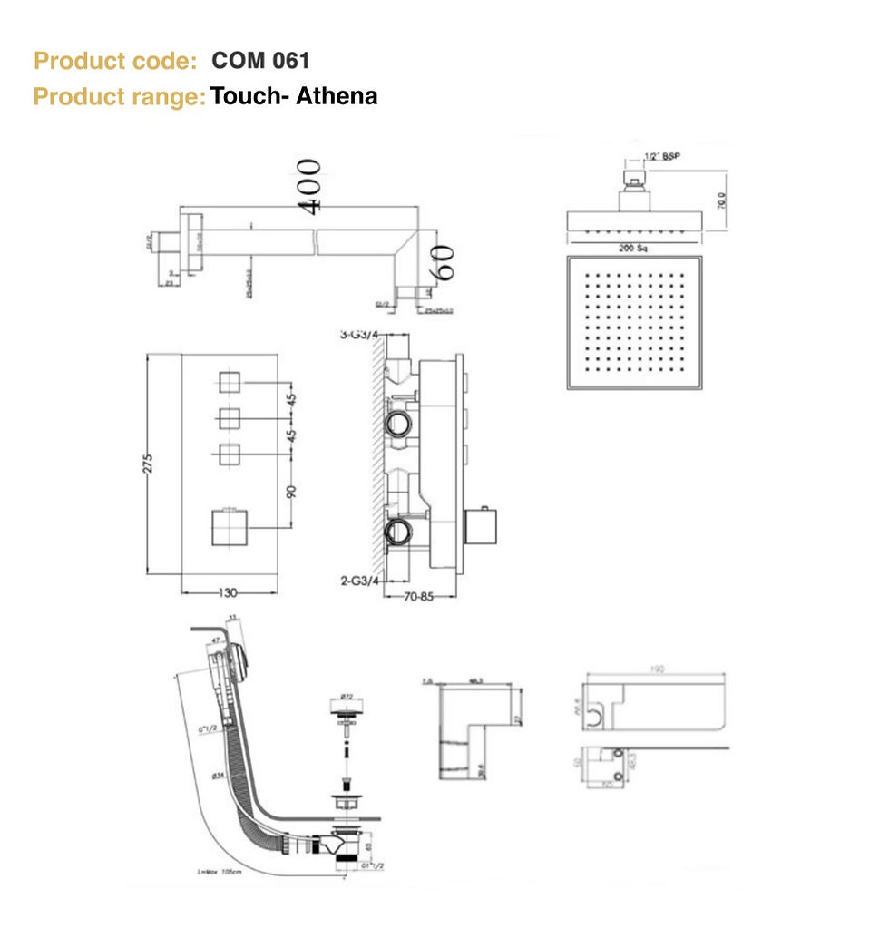 Thumbnail: Athena 3 Outlet Touch Thermostat with Overhead, Hand Shower & Bath Filler