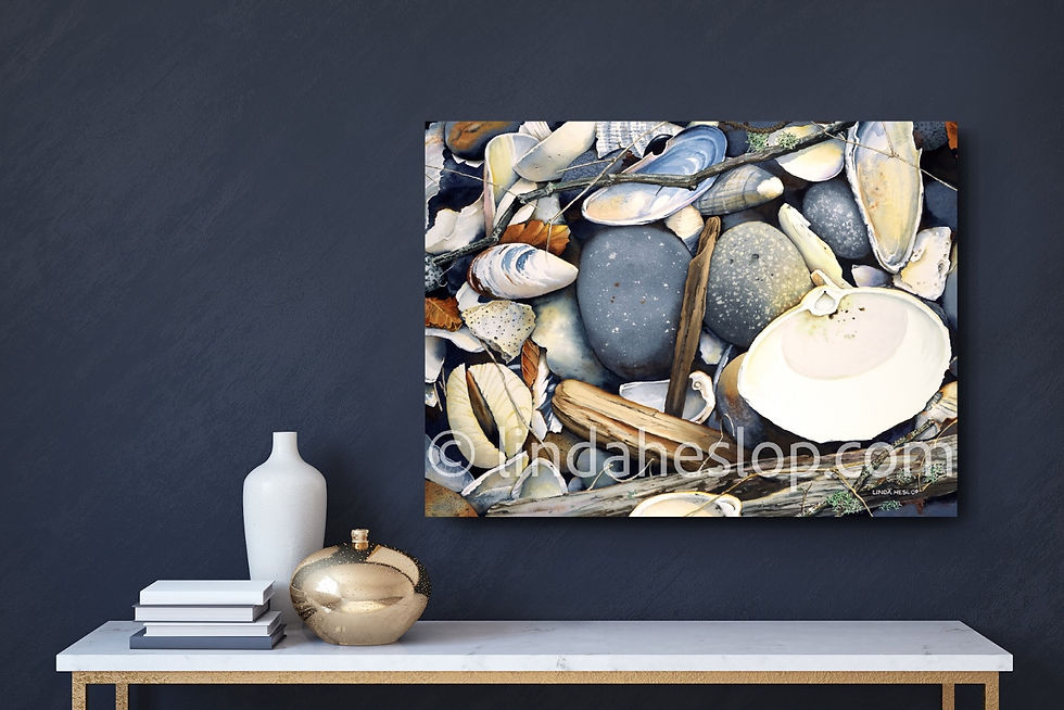 Canvas Print - Linda Heslop - Blues in her Wake - Shell Shocked- Shells - Driftwood - Beach