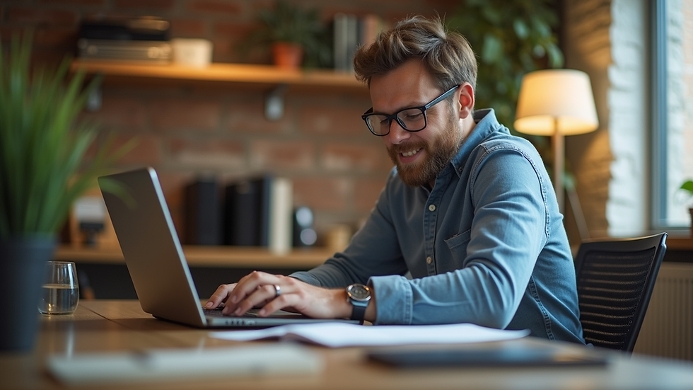 Eye-level view of a small business owner working on a laptop in a cozy office