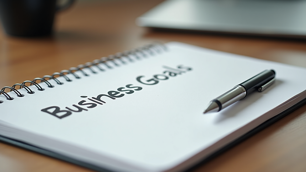 Close-up view of a notebook with business goals and a pen on a wooden desk