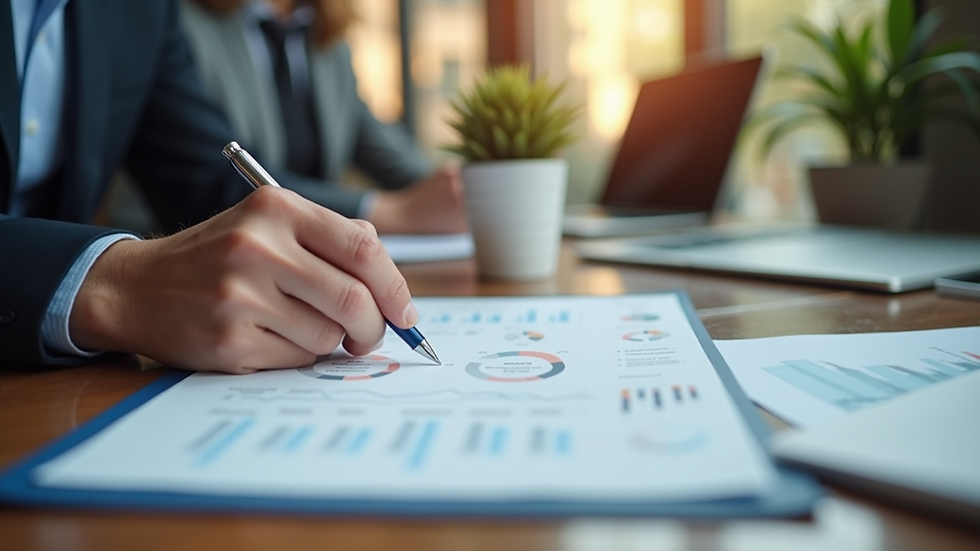 Eye-level view of a small business owner reviewing a business plan at a desk