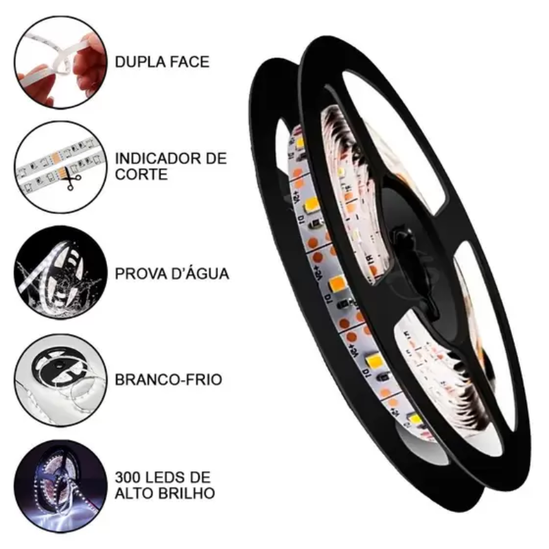 Thumbnail: Fita LED dupla face de 5m, 3528, branca fria, à prova d'água, para decoração