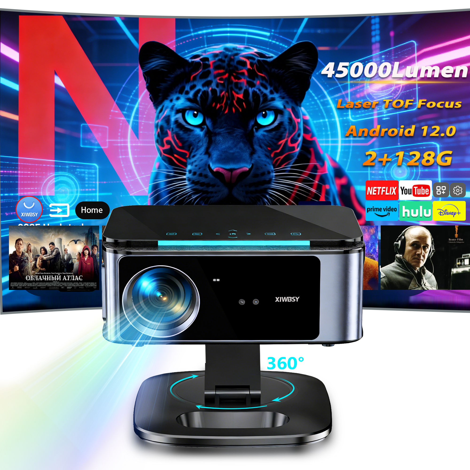 Projetor de luz diurna XIWBSY 2026 para filmes, 45000 lúmens, projetor com foco