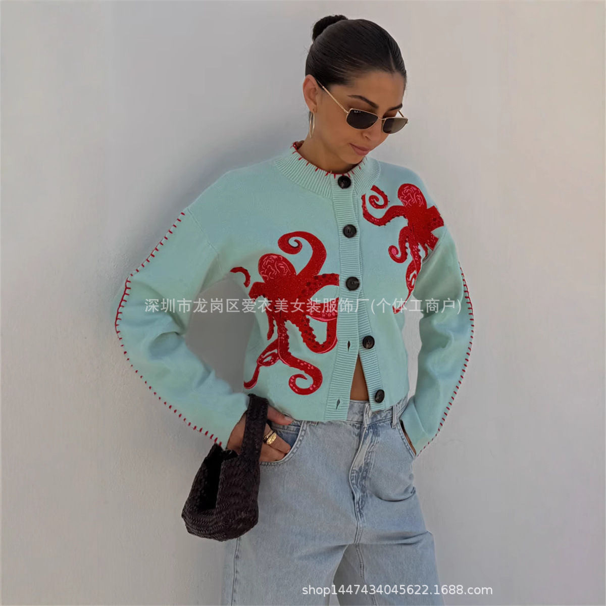 2025 New Round Neck Button Octopus Pattern Cardigan Sweater Women Light Green Fa