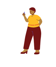 Teacher Character Graphic of a Brown Mid size women with a yellow shirt and red/brown pants, pointing with chalk in her hand.
