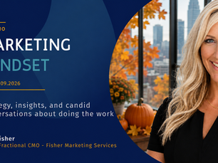 Promo graphic for The CMO Marketing Mindset with smiling blonde woman, fall skyline, pumpkins, and Julie Fisher text.