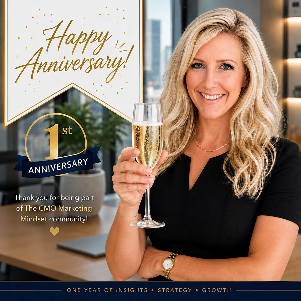 Smiling blonde woman in black dress holds champagne in office; poster reads Happy Anniversary, 1st Anniversary, CMO Marketing Mindset.