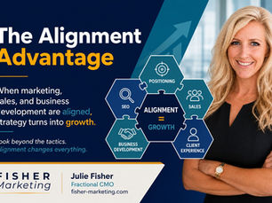 Marketing slide with smiling blonde woman, Juile Fisher fractional CMO of Fisher Marketing Services LLC and text The Alignment Advantage; hexagon diagram links SEO, sales, and growth.