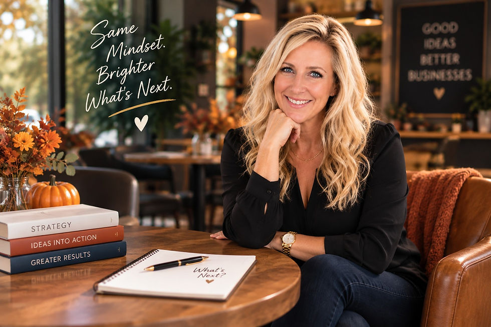 Smiling blonde woman in a cozy café beside strategy books and a notebook; text reads Same Mindset. Brighter What’s Next.