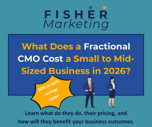 Fisher Marketing ad; text on cost of fractional CMO in 2026. Shows 50%-85% savings. Features two business figures on a teal background.