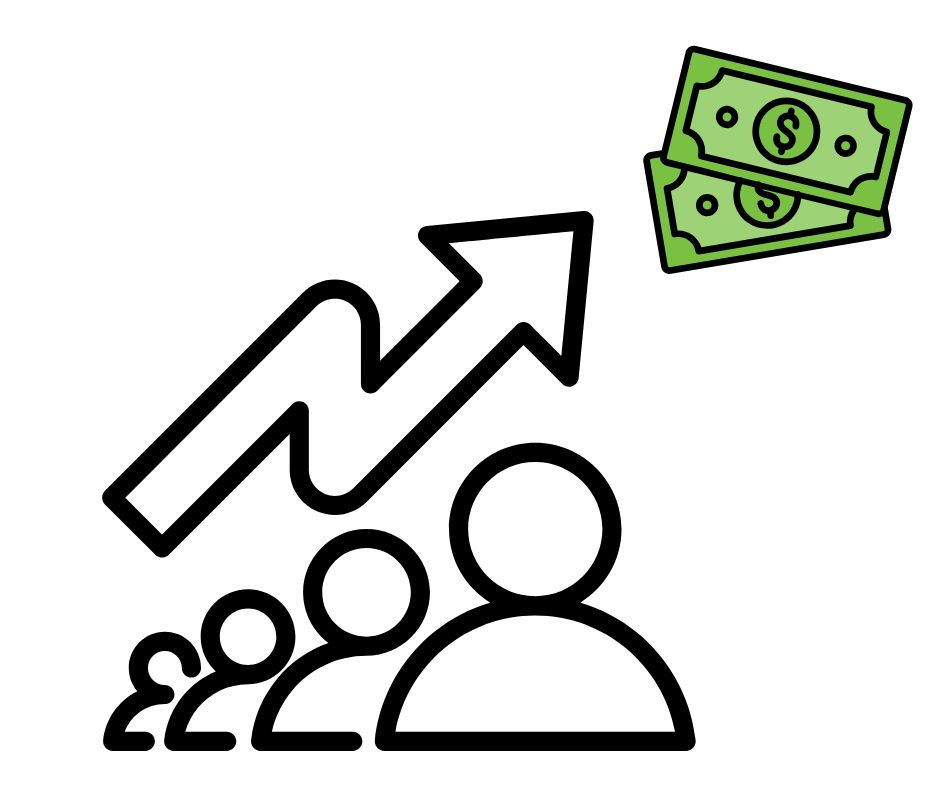 Four silhouetted figures with an upward arrow pointing to green dollar bills, symbolizing growth and financial success. White background.