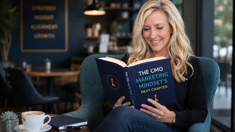 Julie Fisher, CEO & Fractional CMO reads a book in a cozy cafe; cover says THE CMO MARKETING MINDSET’S NEXT CHAPTER.