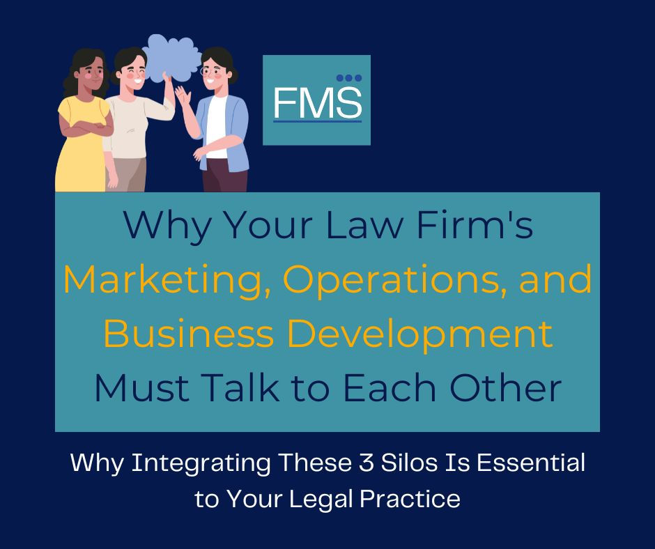 Three people converse under a thought bubble. Text highlights integrating marketing, operations, and business for law firms. Blue background.