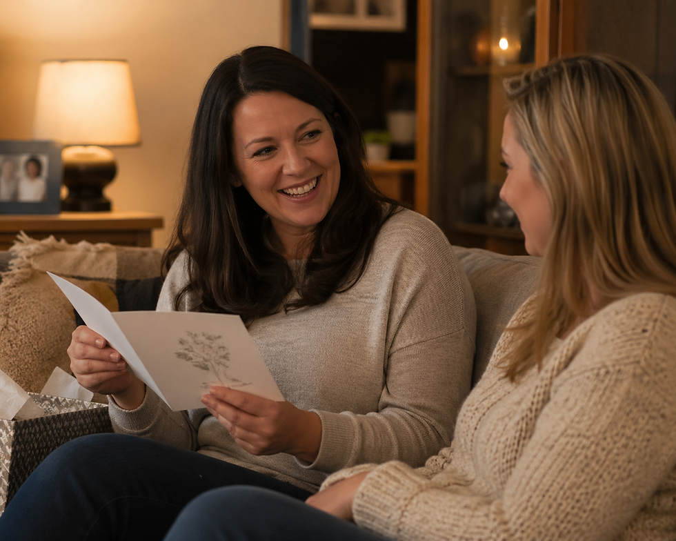 Two women sitting on a couch, smiling and chatting. One holds a card. Warm lighting and cozy living room setting create a cheerful mood.