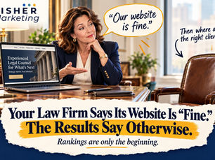 Woman in navy suit at law office desk beside laptop; speech bubbles say website is fine and asks where clients are, with law firm ad text below.